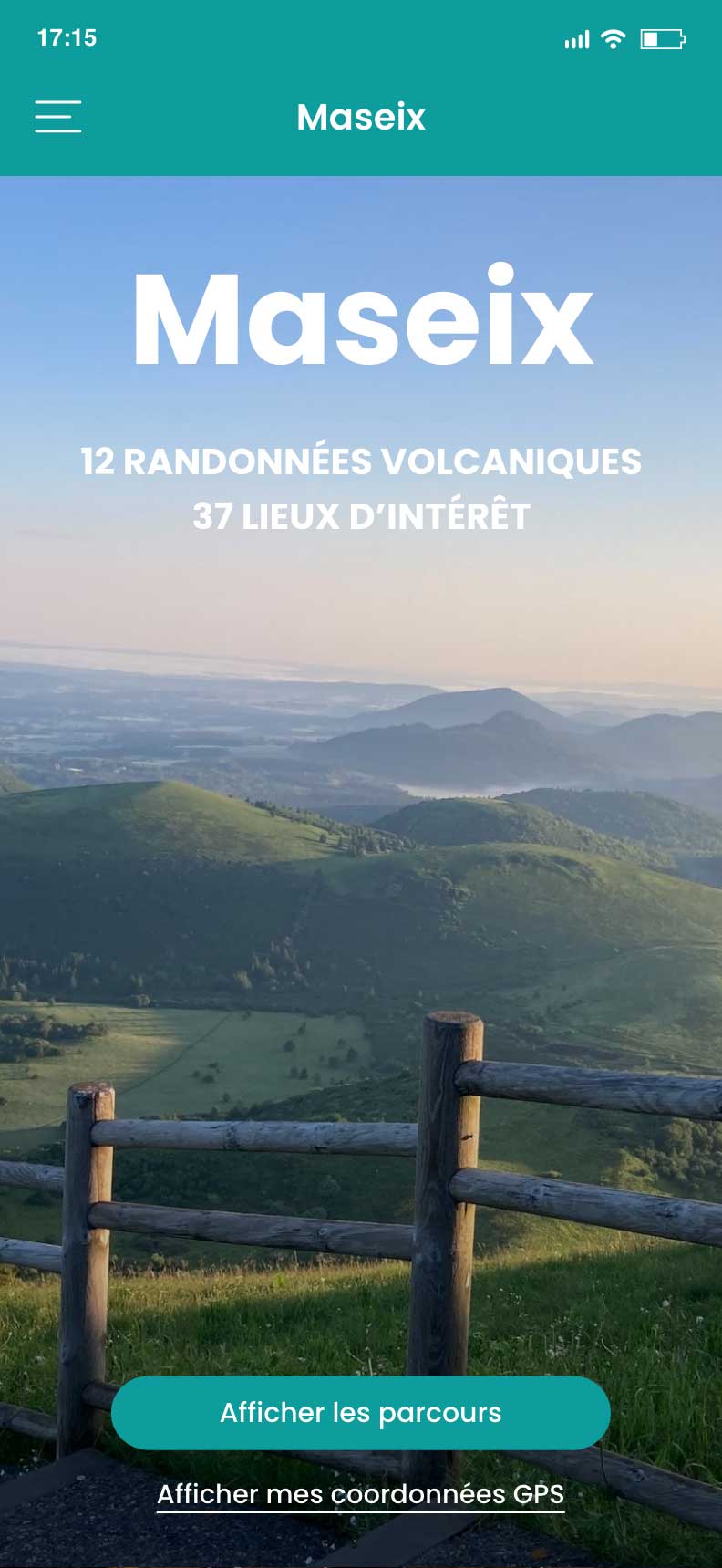 Exemple d'écran d'accueil pour un itinéraire à pied dans la chaîne des Puys en Auvergne