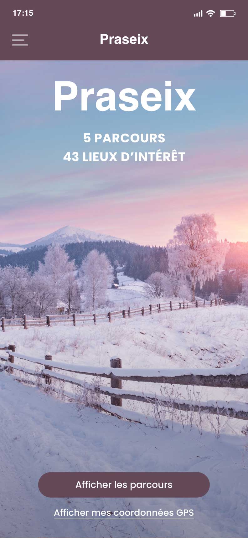 Exemple d'écran d'accueil pour une promenade hivernale à la campagne