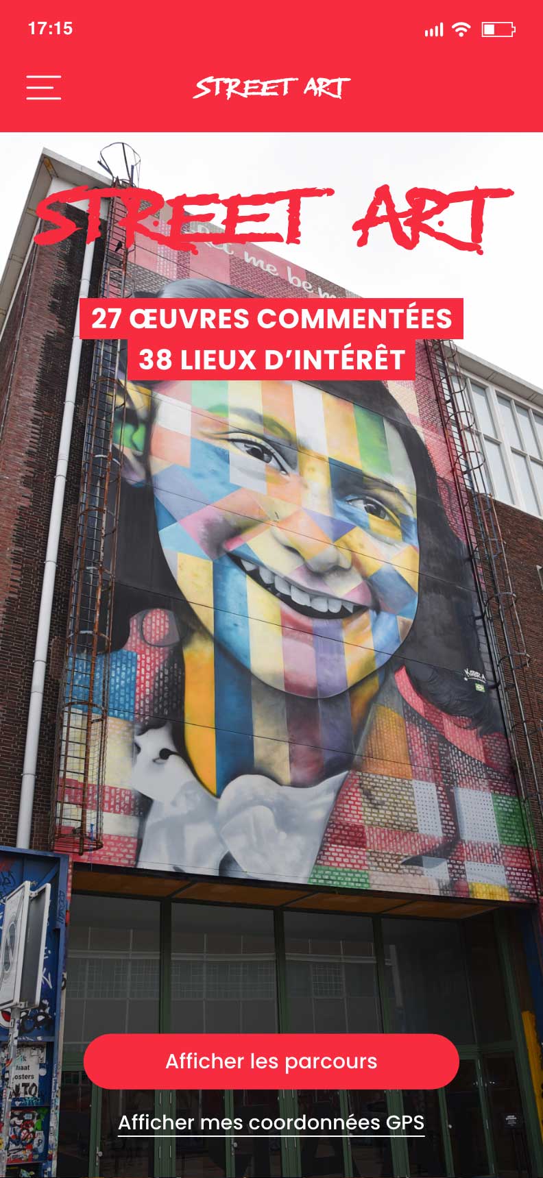 Exemple d'écran d'accueil pour une visite culturelle urbaine dans une exposition de street art