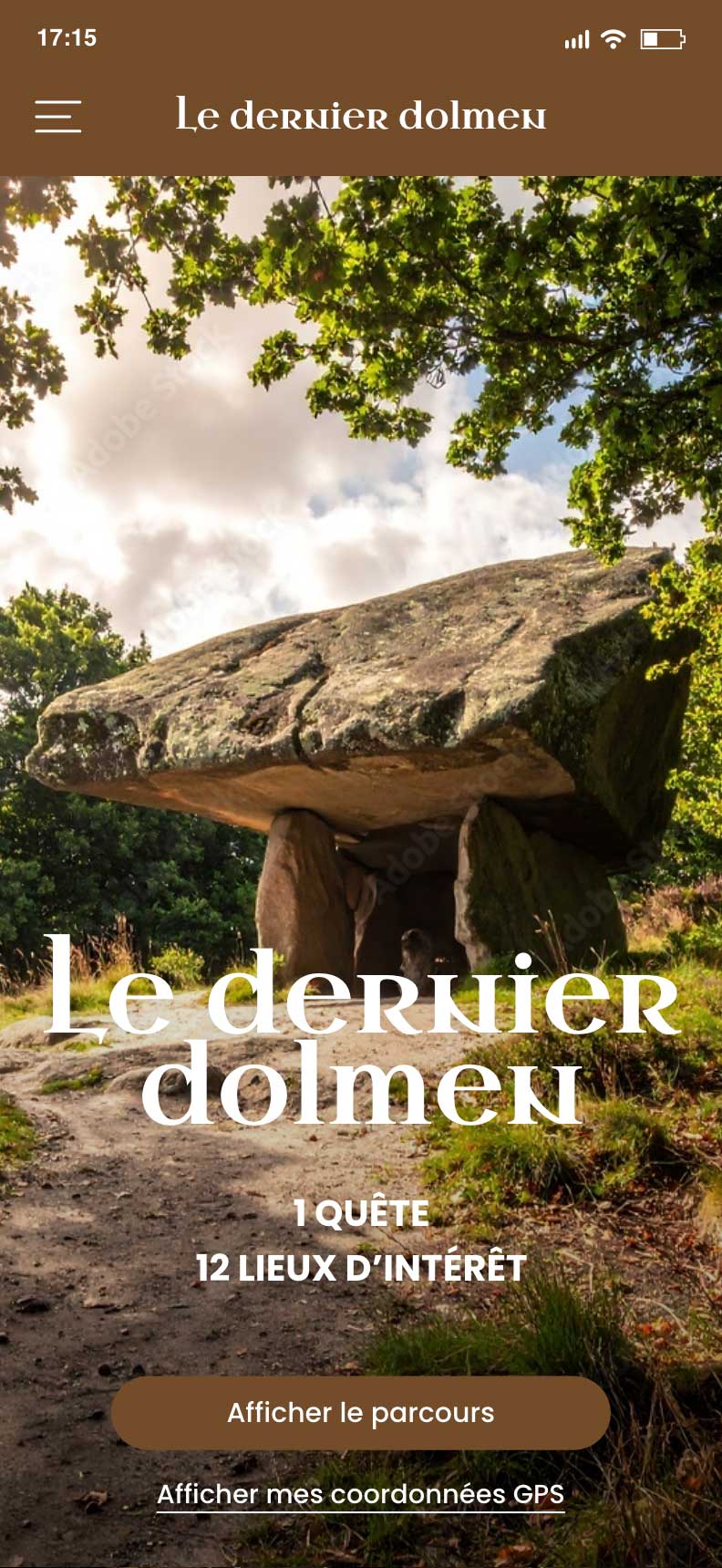 Exemple d'écran d'accueil pour un parcours culturel en pleine nature en Bretagne
