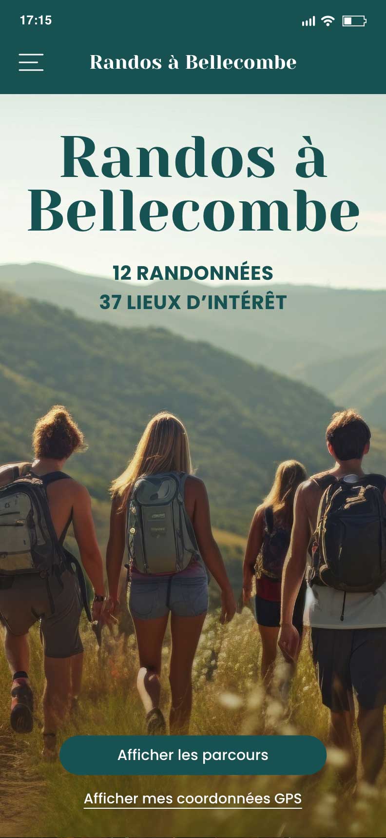 Exemple d'écran d'accueil pour une randonnée dans les Alpes en été