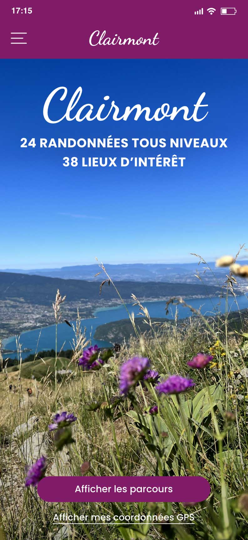 Exemple d'écran d'accueil pour une randonnée en montagne, au-dessus d'un lac
