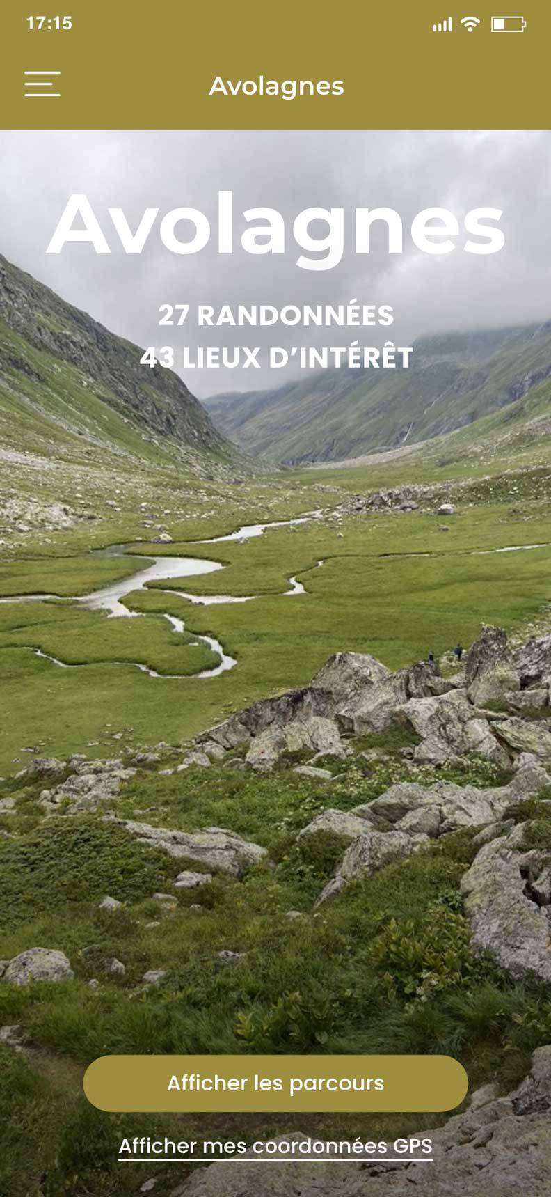 Exemple d'écran d'accueil pour un parcours de trail en montagne