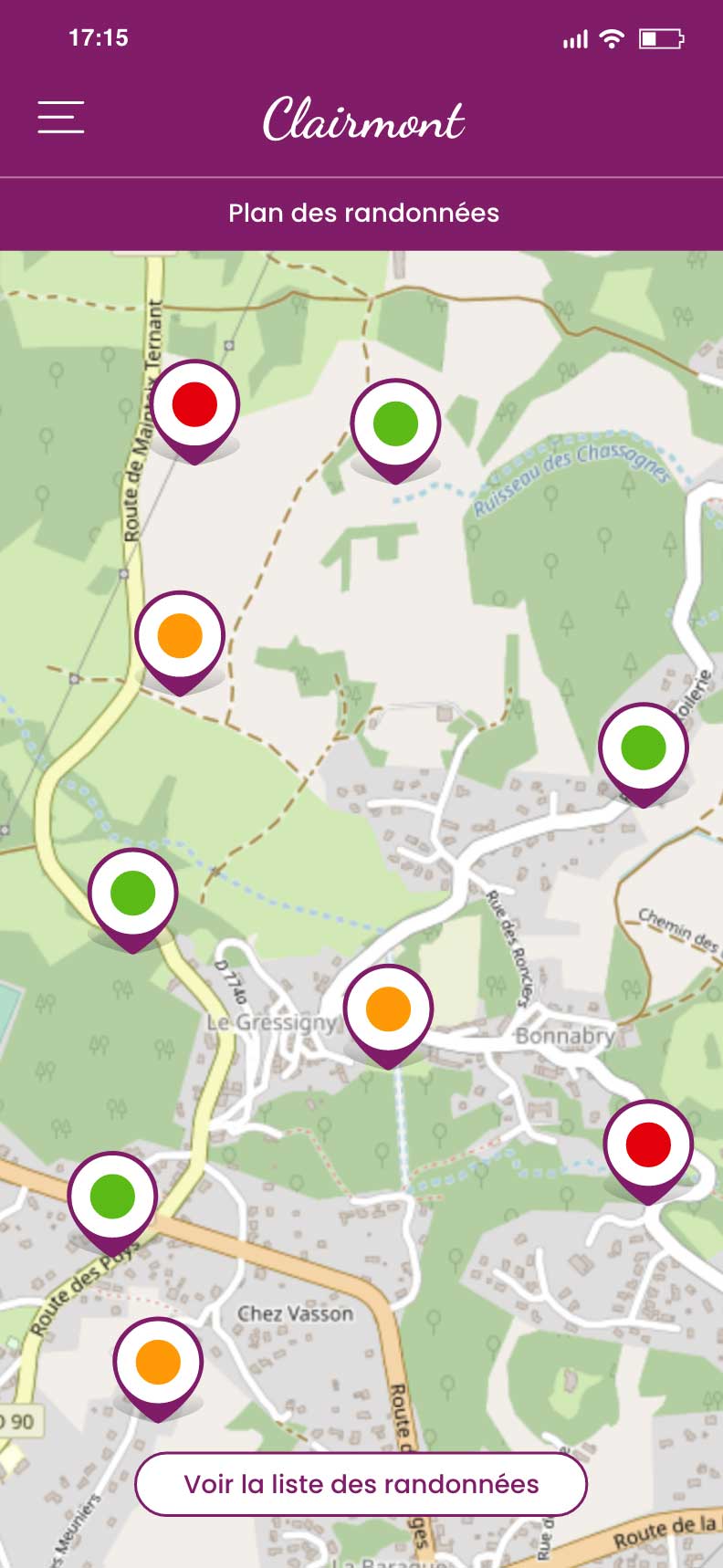 Plan des randonnées sur un fond de carte IGN ou Open Street Map
